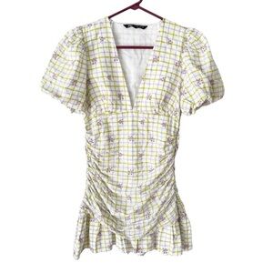 Zara Dress Women's Medium Checkered Gingham Embroidered Ruched Cottagecore